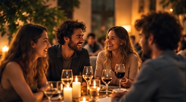Παρέα γελάει γύρω από τραπέζι με κεριά σε βραδιά γνωριμίας