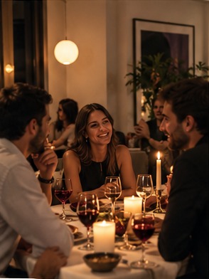 Ιδιωτικό δείπνο με φίλους, κεριά και κρασί